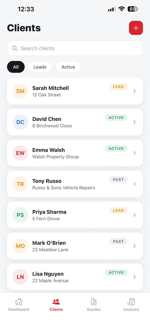 BuildFlow clients list with lead, active and past status labels, names and addresses, and a search box to find anyone quickly