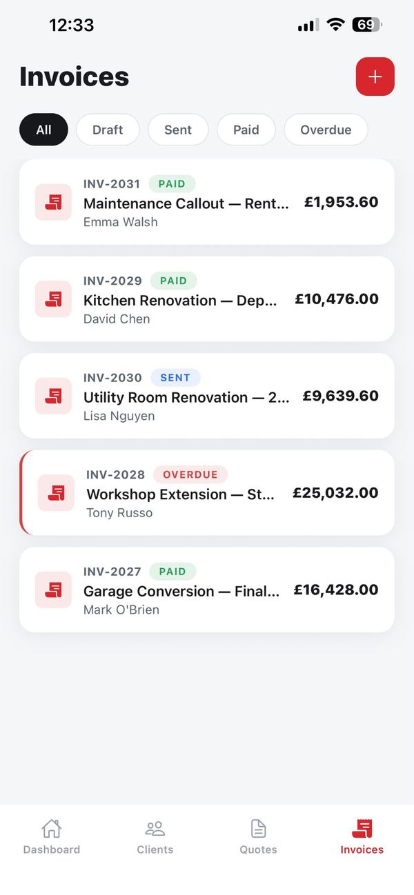 BuildFlow invoices list filtered by all, draft, sent, paid and overdue, showing client names and amounts at a glance