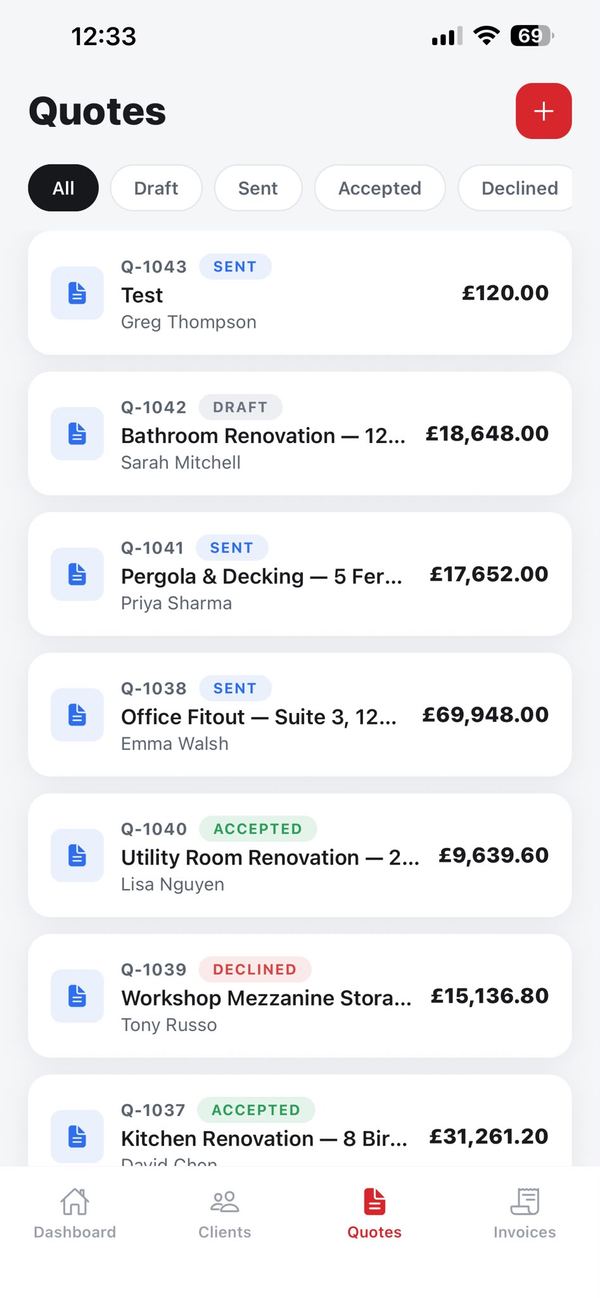 BuildFlow quotes list filtered by all, draft, sent, accepted and declined, showing client names and amounts